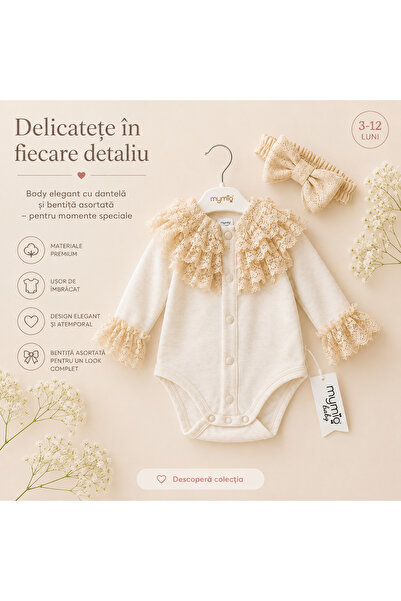 Bebelul Body elegant fetite cu bentita dantela crem 0-12 luni