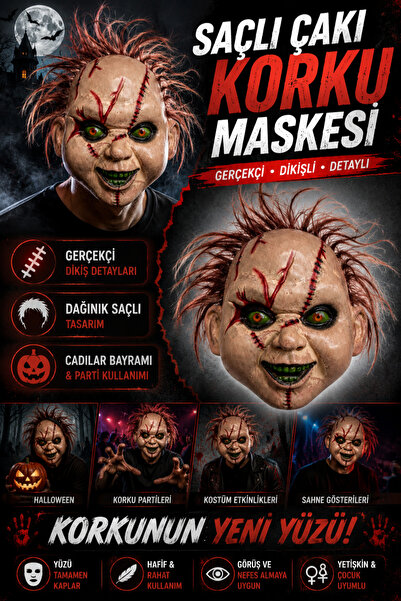 Tamsena Store Saçlı Çaki Korku Maskesi Yeşil Gözlü Gerçekçi Cadılar Bayramı P...