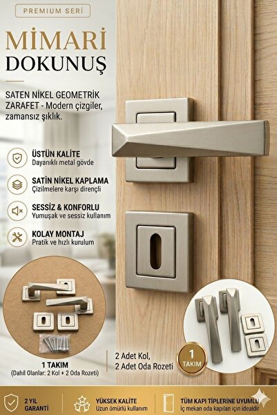 MEGAHOME STORE Premium Piramit Model Nikel Saten Renk Kare Rozetli Oda Kapı K...