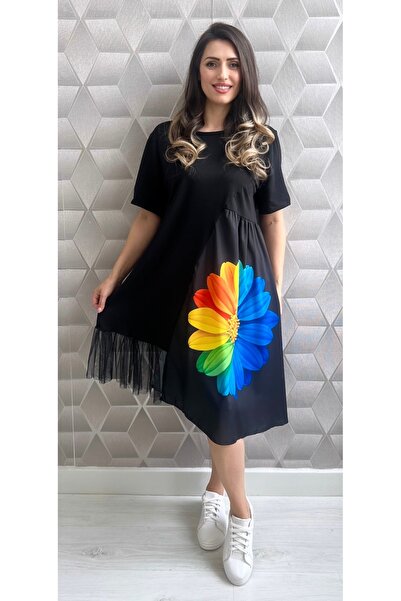 styleFlex Asymmetrical Cotton Dress with Oversized Floral Printed and Tulle R...
