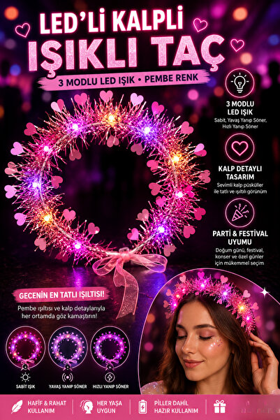 Tamsena Store LED’li Kalpli Işıklı Taç Pembe Renk – 3 Modlu Parti Tacı Festiv...