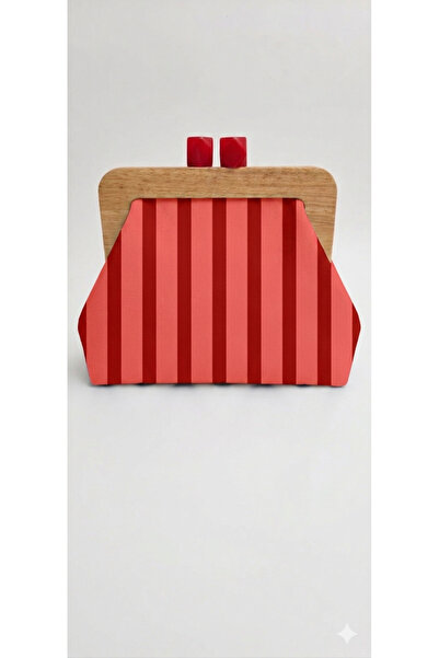 handedizayn Kırmızı TonSürton Çizgili Model Ahşap Burslu Zincir Askılı Clutch...