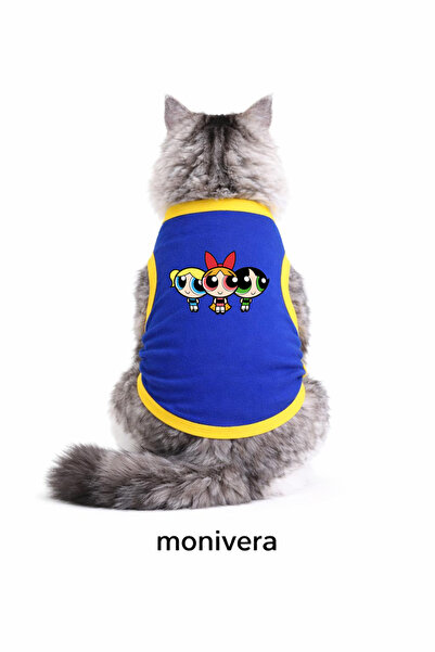 Modetra New Season Powerpuff Girls Printed Blue Color Ribbed Cat Outfit - Und...