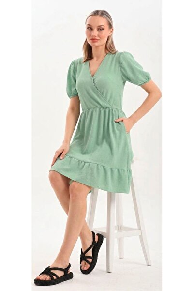 DEVRİMAY TEKSTİL Mint Double-Breasted Collared Balloon Sleeve Summer Wrap Dress