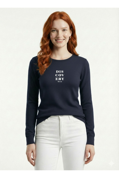 Neden Tekstil Women's Navy Blue Printed Long Sleeve Basic Blouse
