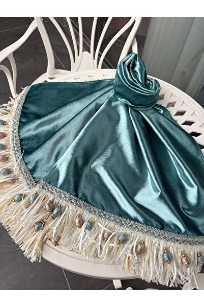 ELORA MAISON Mint yeşili ipek kadife püskül boncuklu günlük hediyelik çeyizli...
