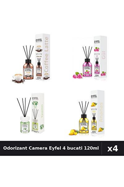 Eyfel Set 4 Odorizant Camera cu Betisoare - Cafea, Trandafir, Iasomie, Ananas...