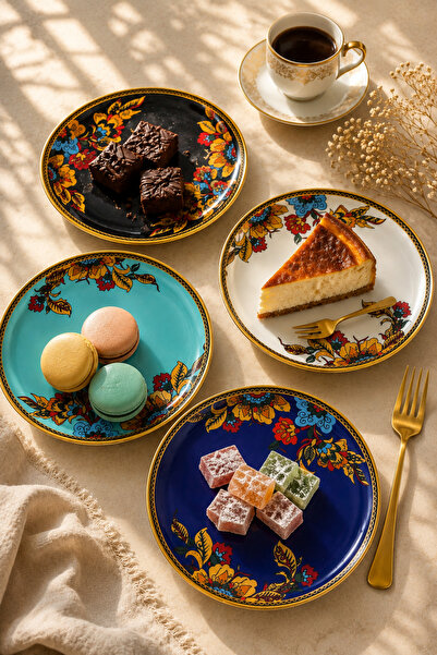 Sudedi Home 21 cm Real Gold Gilded Glass Cake and Dessert Plate Set – for 4 P...