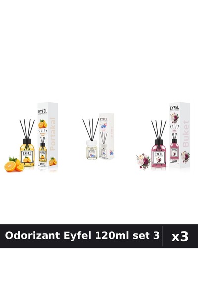 Eyfel Set 3 Odorizante Camera cu Betisoare 120ml - Portocala, Orhidee, Bouquet