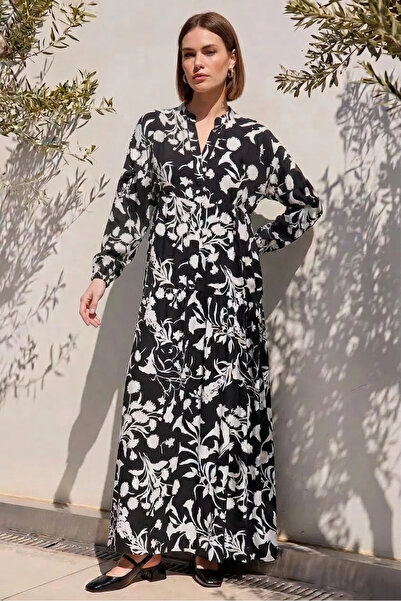 buğrahayalin Women's High Collar Gathered Waist Floral Patterned Viscose Blac...