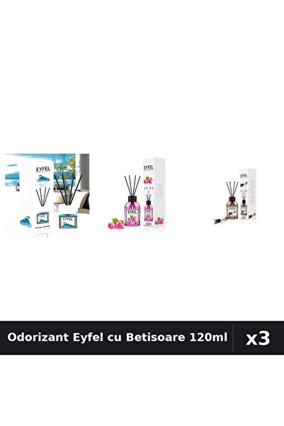 Eyfel Set 3 Odorizant Camera cu Betisoare - Ocean, Trandafir, Vanilie, 120ml