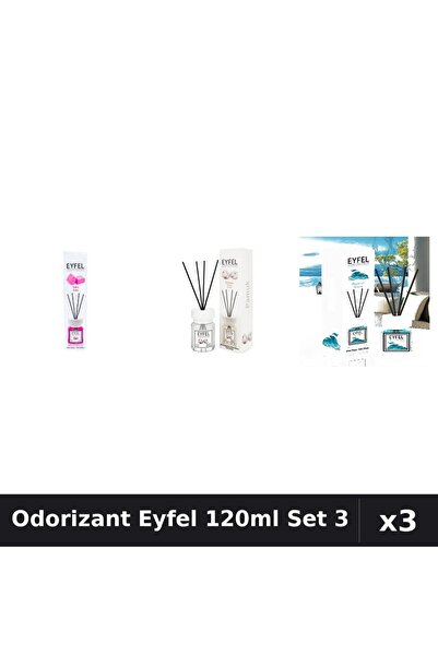 Eyfel Set 3 Odorizant Cameră cu Betișoare 120ml - Bubble Gum, Bumbac, Ocean