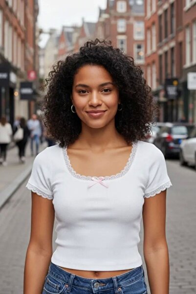 Mariposa Secret Women's White Premium Lace Detailed Crop Top Blouse with Bow ...