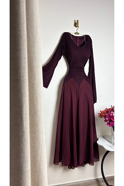 leevan fashion فستان سهرة برغندي طويل بأكمام طويلة دانتيل وتنورة شيفون مطرزة ...