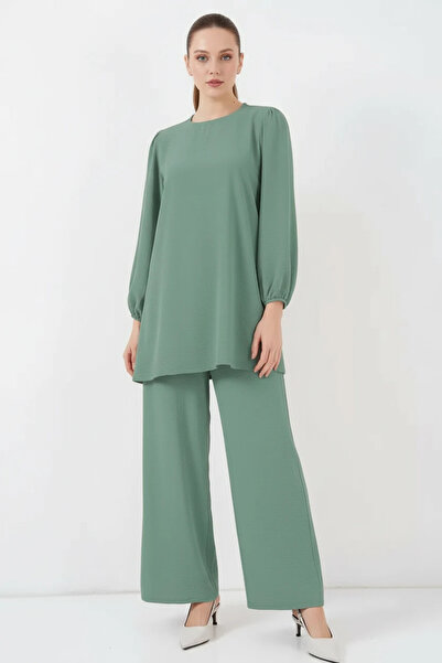 buğrahayalin Women's Round Neck Long Sleeve Green Tunic Pants Top and Bottom Set