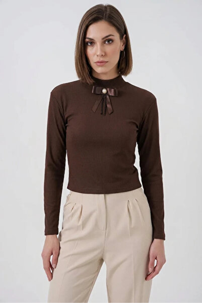 buğrahayalin Women's Turtleneck Brown Blouse with Ribbon Detail