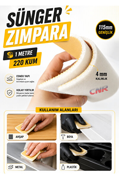 CNR Sünger - Ahşap Zımpara Kağıdı | Mutfak Banyo Bulaşık Sünger | Süngerli Bant Kağıt Zımpara ( 1 Metre - 220 Kum)