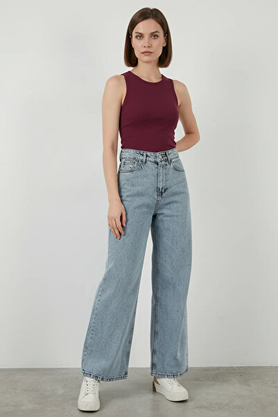 buğrahayalin Women's High Waist Denim Wide Leg Light Blue Palazzo Trousers
