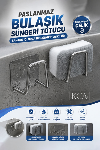 KCA HOME Paslanmaz Bulaşık Süngeri Tutucu, Krom Yapışkanlı Sünger Tutucu, Lav...
