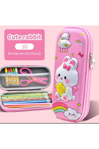 BABUN 3D Tavşan Figürlü Kabartma Gökkuşağı Desenli Geniş EVA Sert Kalemlik Kı...