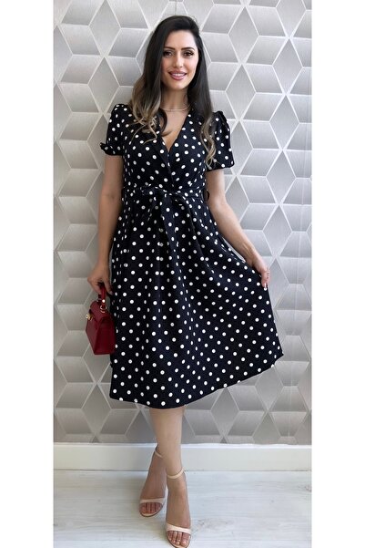 styleFlex Elegant Polka Dot Day Dress with Stretchy Waist and Drawstring