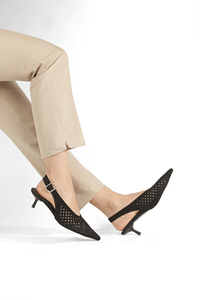 PİMORA Black Suede Pointed Toe Open Back Classic Perforated 4 cm Thin Heel Ne...