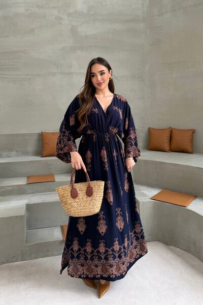 mezqa Authentic Navy Blue Viscose Patterned Slit Long Dress