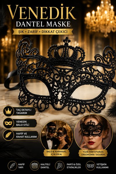 Tamsena Store Siyah Dantel Venedik Maske Taç Desenli Balo Maskesi Karnaval Pa...