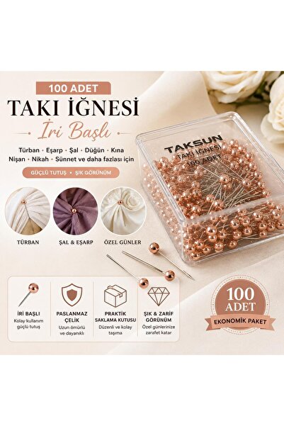 Taksun 100 Adet İri Başlı Takı İğnesi Türban Eşarp Şal Düğün Kına Nişan Nikah...