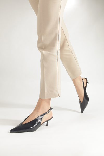 PİMORA Navy Blue Wrinkled Patent Leather Pointed Toe Open Back Low-Cut Toe wi...