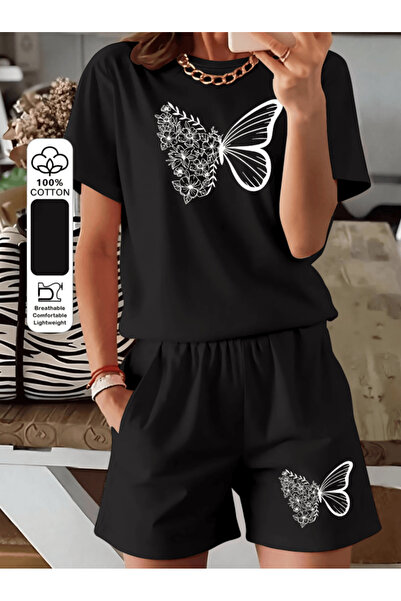 gencerco Set de tricou și pantaloni scurți pentru femei, cu imprimeu cu flutu...