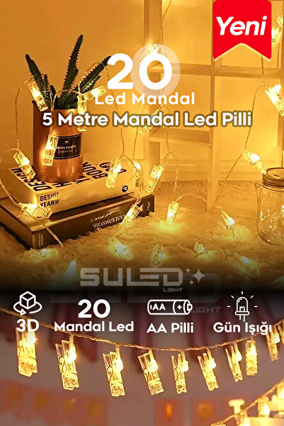 SULED 5 Metre Pilli 20 Led Mandal Işık Dekoratif Fotoğraf Not Süsleme Işığı