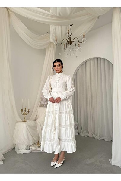 Caddebostan Moda Belt Detailed Lace Embroidered High Collar Long Dress Stylis...