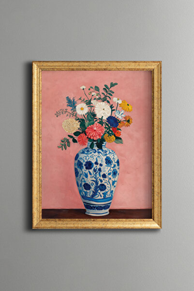 epiqart Spring Flowers in a Blue Patterned Vase - Vintage Patterned Frame - S...