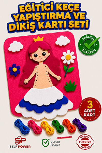 Self Power Eğitici Keçe Yapıştırma ve Dikiş Kartı Seti 3 Adet Kart Çocuk El Becerisi Geliştirici Aktivite Oyuncağı