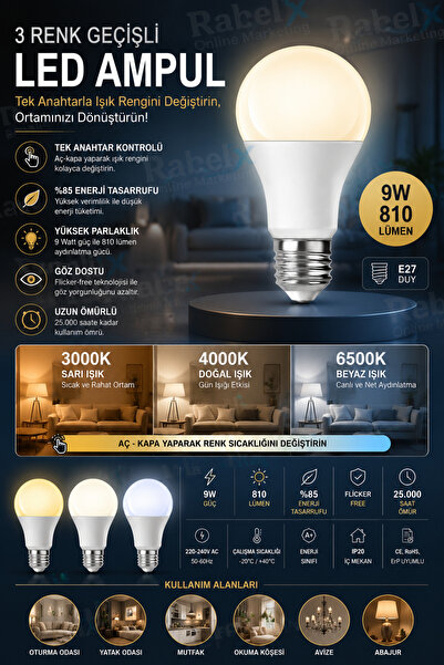 Rabelix Online Marketing 9W 3 Renk Geçişli LED Ampul E27 Duy 810 Lümen Sarı G...