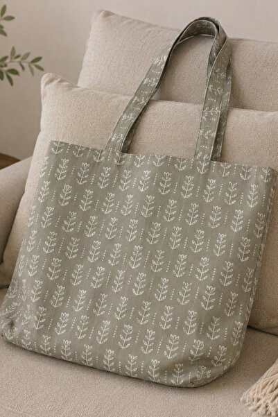 Elegancembroidery Bej Yaprak Desenli Kadın Omuz Çantası Tote Bag Günlük Kulla...