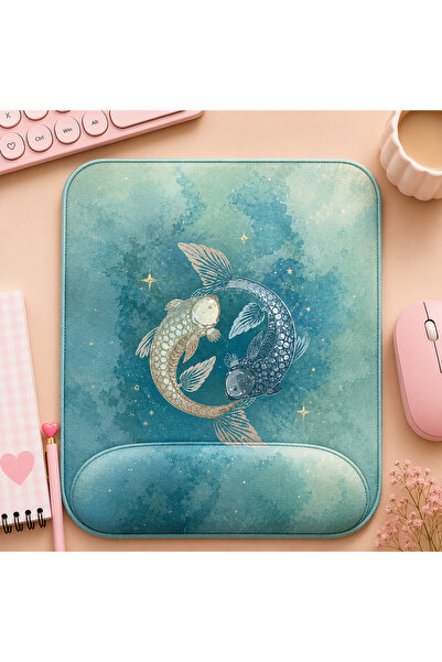 matizya Koi Balığı Kare Bilek Destekli Mousepad 19x23 cm Mavi Estetik Ergonom...