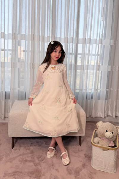alamira fashion Girls' Dress with Floral Embellishments and Lace Collar 55383
