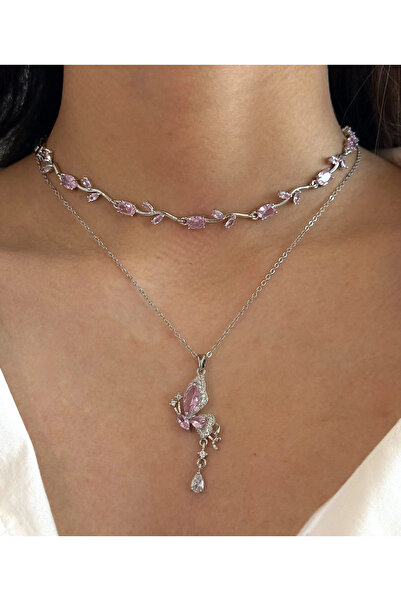 h&b design jewel Çelik Pembe Kelebek Kolye