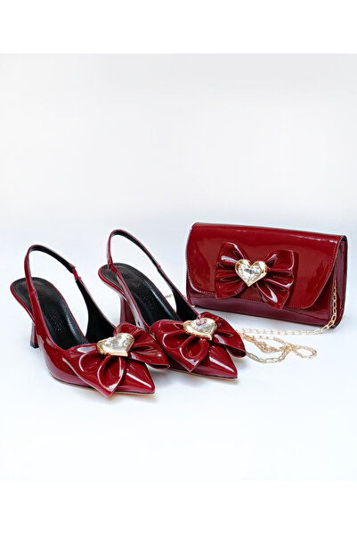 DUDYEN SHOES Women's Burgundy Patent Leather Bow and Stone Accessory 7 cm Hee...