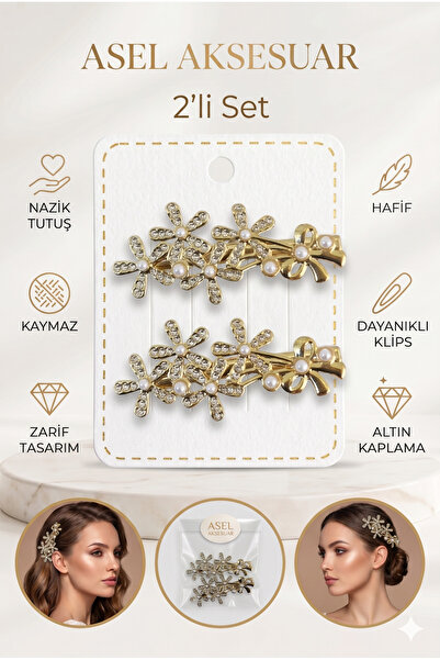 Aselaksesuarr 2'li Set Zirkon Taşlı ve İncili Altın Kaplama Metal Klips Saç T...