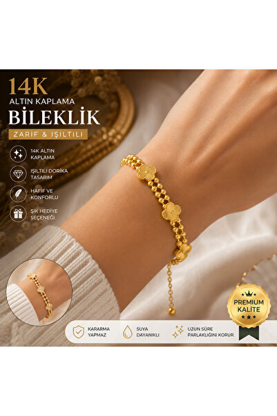 Masalca Premium 14K Altın Kaplama Yonca Detaylı Kadın Bileklik – Zarif Şans T...
