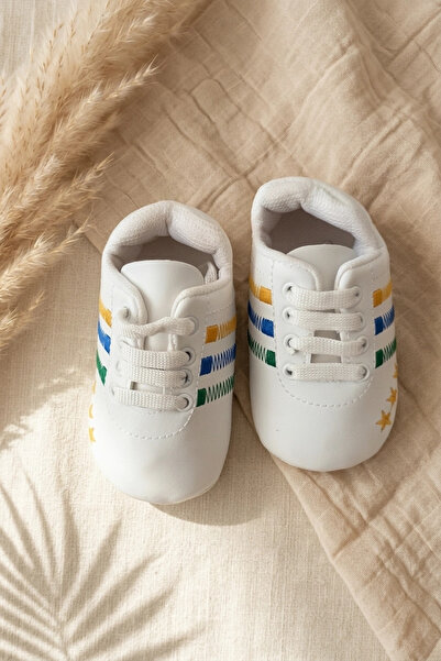 Babydonat White Embroidery Detailed Soft Sole Baby Booties - Green and Yellow...