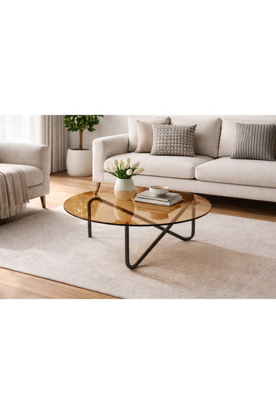 Kafu Mobilya Modern Yuvarlak Bronz Şeffaf Camlı Metal Ayaklı Salon Oturma Oda...