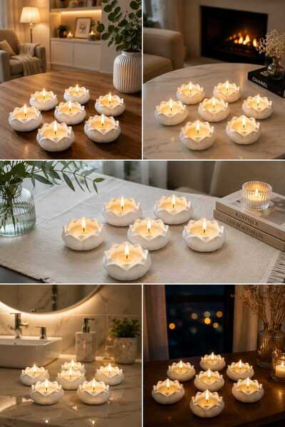 NİVORA HOME 6'lı Lotus Işığı Dekoratif Mum seti –Beyaz Lotus Çiçeği Tasarımı