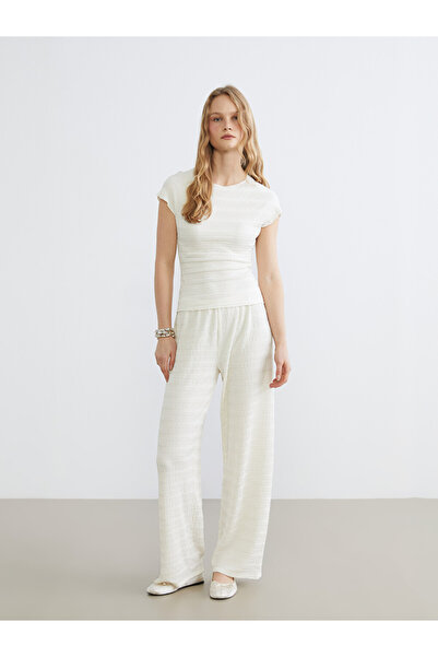 LC Waikiki White Textured Women's Trousers with Elastic Waist