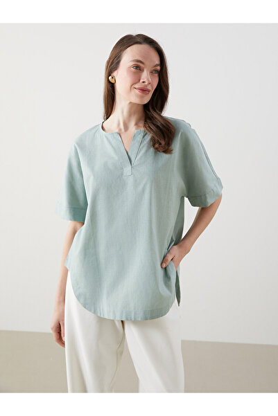 LC Waikiki Blue Crochet Collar Plain Linen Blend Women's Blouse
