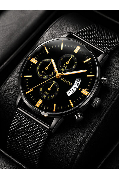 Geneva Ceas Elegant Bărbați Black Gold, Quartz, Curea Metalică Mesh