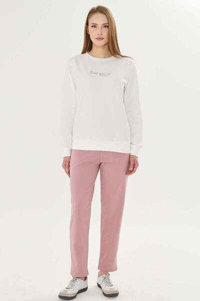 TRENDHİLL Women's Cotton Crew Neck Printed Tracksuit Set Pink 8511-P